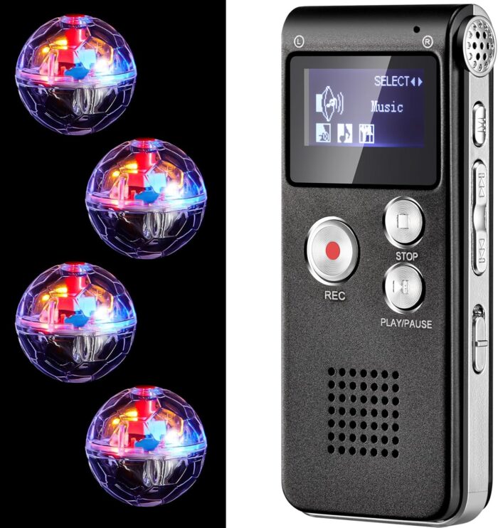 Dunzy 5 Pcs Ghost Hunting Kit Includes Digital Voice Recorders with 4 LED Cat Balls Motion Activated Cat Ball Toy Voice Activated Recorder with Playback for Pet Dog Animals(Black)
