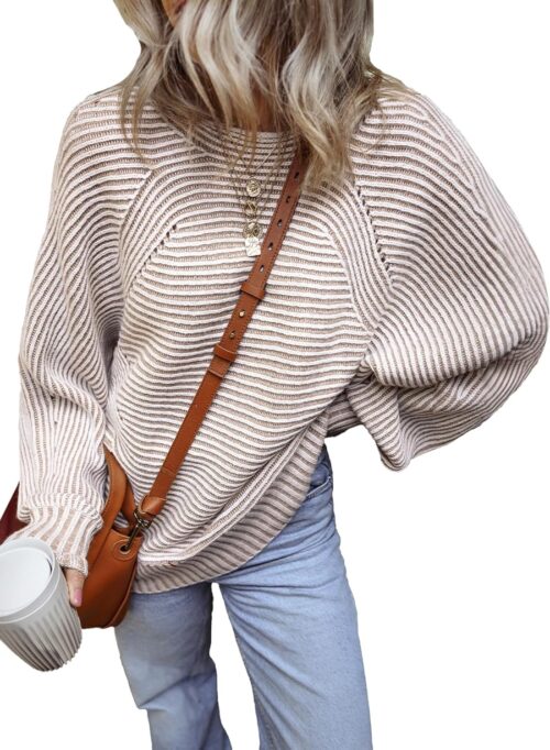 EVALESS Striped Sweaters for Women Boat Neck Batwing Sleeve Oversized Pullover Sweater Tops Womens Fall Clothes Outfits