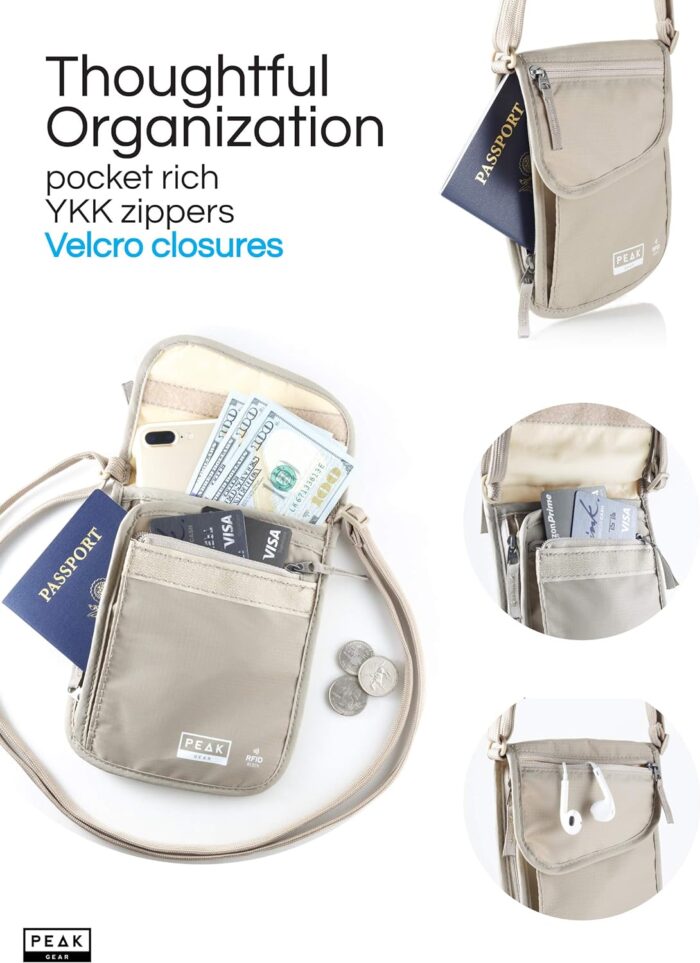 Peak Gear RFID Neck Wallet - The Original Travel Pouch with Adjustable Crossbody Strap + Theft Protection and Lost & Found Service | Beige - Image 4