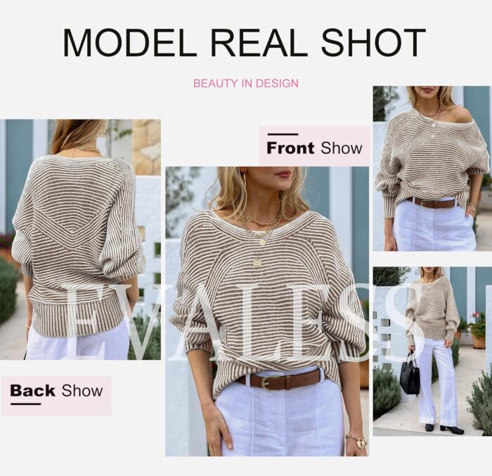 EVALESS Striped Sweaters for Women Boat Neck Batwing Sleeve Oversized Pullover Sweater Tops Womens Fall Clothes Outfits - Image 4