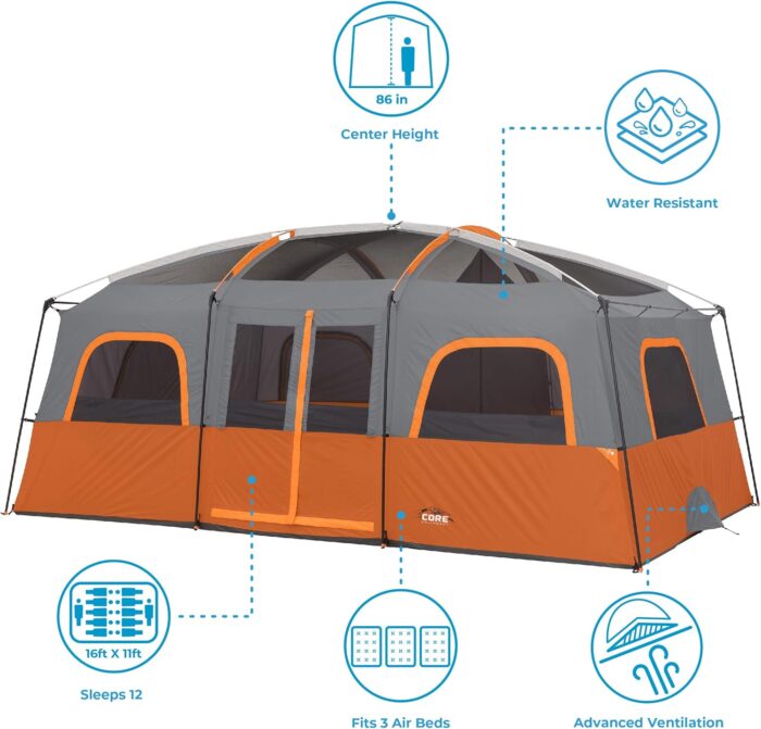 CORE Tent for Family Camping | 10 Person / 11 Person / 12 Person Large Multi Room Cabin Tents for Car Camping & Outdoor Adventures - Image 4