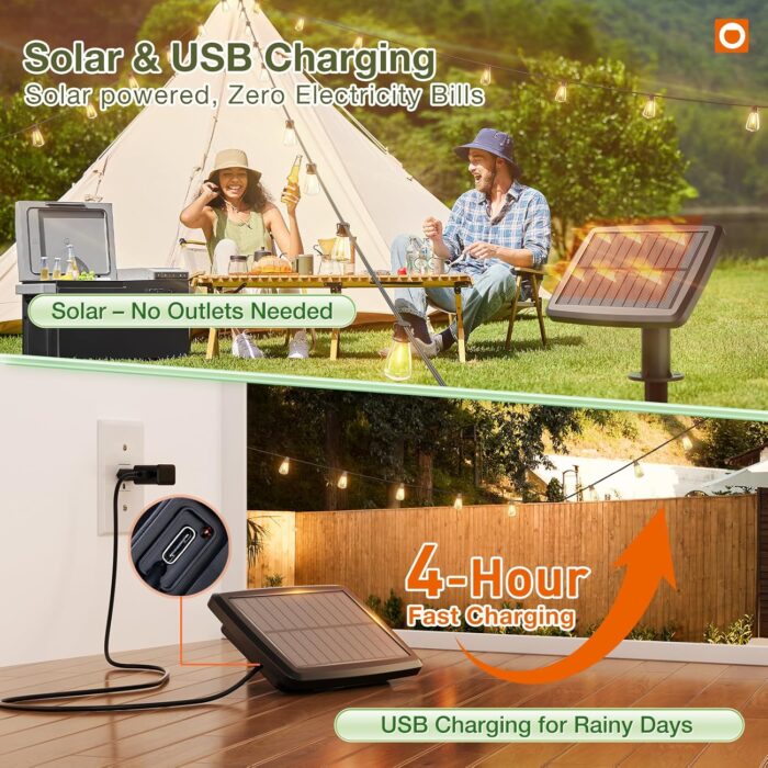 addlon 54(48+6) FT Solar String Lights Waterproof,Patio Lights Solar Powered with Remote & USB Port 15+1 LED Shatterproof Bulbs 3 Light Modes, Dimmable Solar Light for Camping Backyard Garden - Image 4