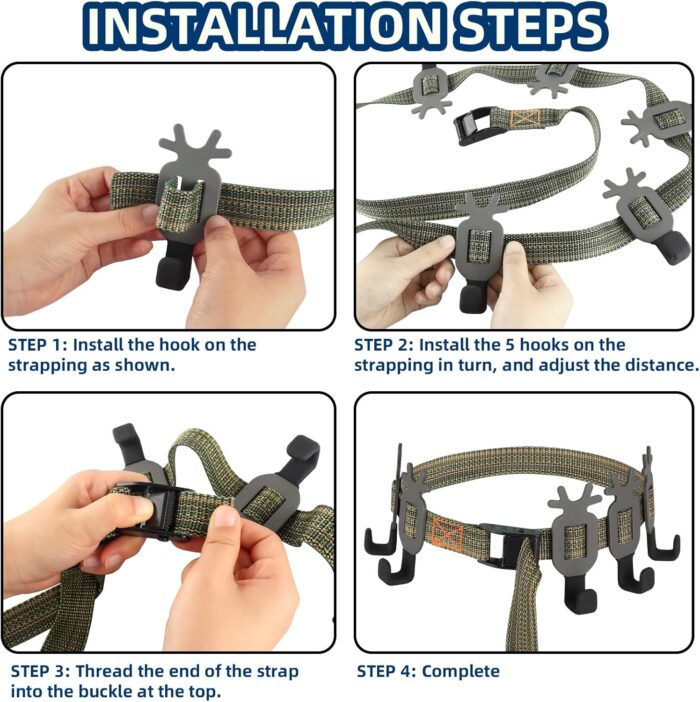 Highwild Treestand Strap Gear Hangers for Hunting Gears Bow - Multi-Hook Accessory Holder - NO Plastic Parts - ON Your Tree in Seconds - 5 Hooks Set - Image 6
