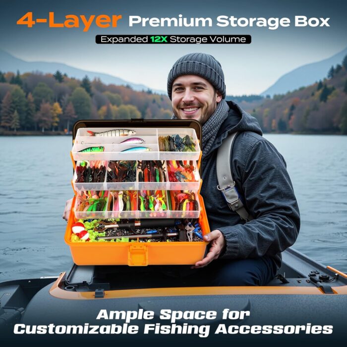PLUSINNO Large 4-Layer Tackle Box with Tackle Included, 547Pcs Fishing Lures Kit - Pliers, Crankbait, Hooks, Weights & Accessories - Freshwater Bass Fishing Bait Lure Gear and Equipment, Gift for Men - Image 3