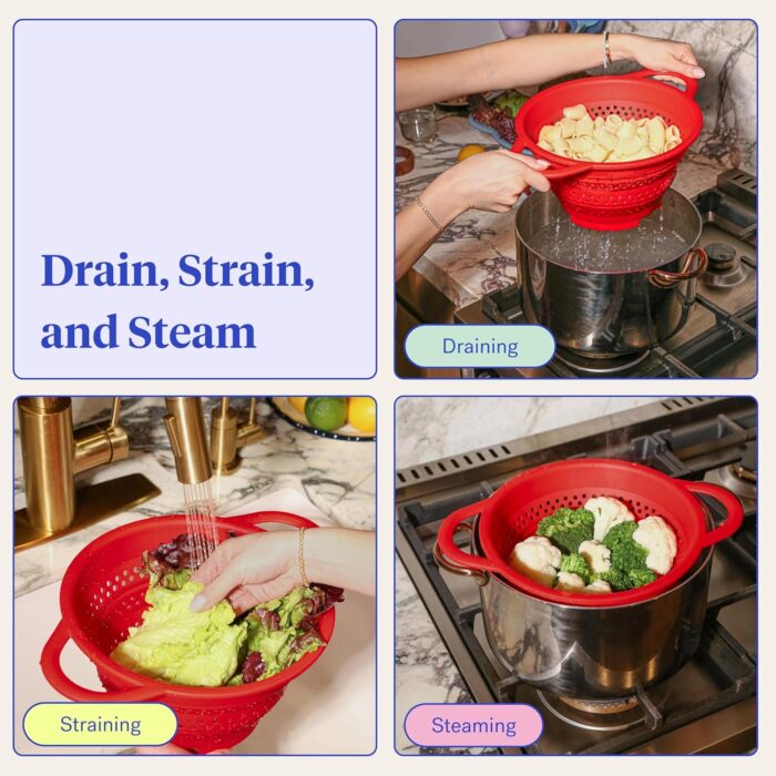 GIR Collapsible Colander for Kitchen – Space-Saving Strainer & Steamer – BPA-Free, Heat-Resistant, Dishwasher Safe Kitchen Strainer with Stainless Steel Rim – Durable Collapsible Colander - Red - Image 2