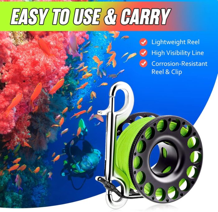 Scuba Diving Reel, Aluminum Alloy Wreck Cave Finger Spool with 30m/100ft High Visibility Line and Double-Ended Bolt Snap Clip Fits for Outdoor Diving Activities Fluorescent Green - Image 2