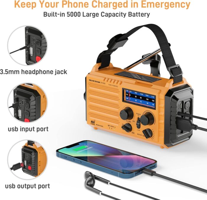 Emergency Radio with NOAA Weather Alert, Portable Solar Hand Crank AM/FM Radio for Survival,Rechargeable Battery Powered Radio,USB Charger,Flashlight,Reading Lamp,for Home Outdoor - Image 4