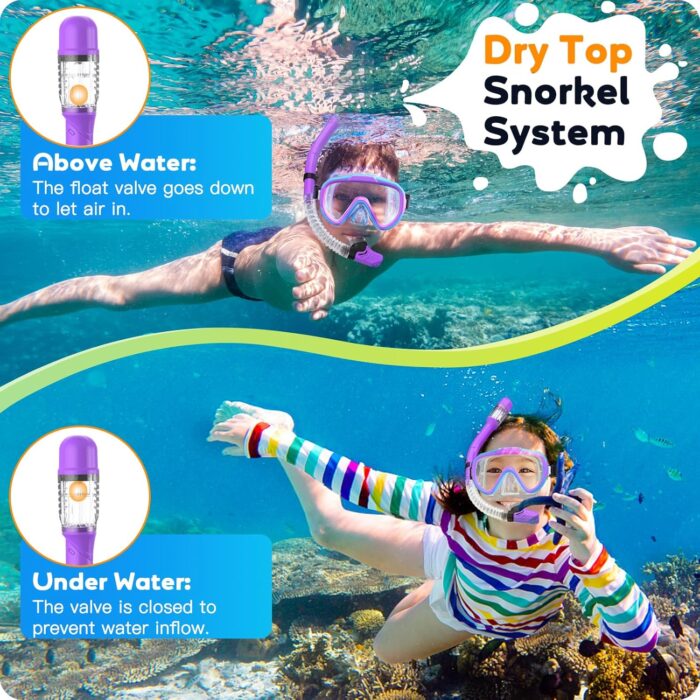 Kids Snorkel Set, Anti-Fog Panoramic Tempered Glass Kids Snorkel mask, Anti-Leak Scuba Diving Mask with Mesh Bag, Dry Top Snorkeling Gear for Kids and Youth Age 4-16 - Image 5