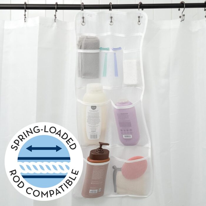 S&T INC. Shower Organizer, Shower Caddy or Bathroom Organizer with Quick Drying Mesh, 7 Pockets to Hold Shampoo, Soap, Loofah, and Cruise Ship Essentials, 14 Inch by 30 Inch, White, 1 Pack - Image 4
