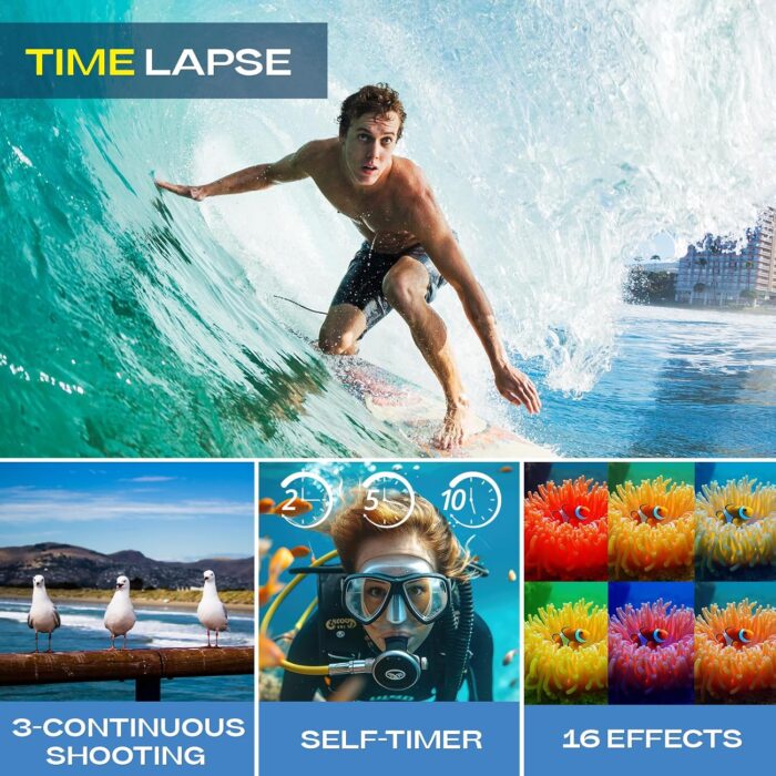 Underwater Camera, Selfie Dual Screens 4K 48MP 11FT Autofocus Waterproof Digital Camera for Snorkeling,16X Zoom, 64GB Card, 2 Batteries, Fill Light (Blue) - Image 7