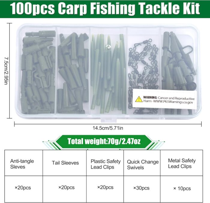 Carp Fishing Tackle Kit 100pcs Carp Fishing Terminal Tackle Set Safety Lead Clips Anti-Tangle Sleeve Quick Change Swivel Tail Rubber Carp Fishing Accessories with Box - Image 4