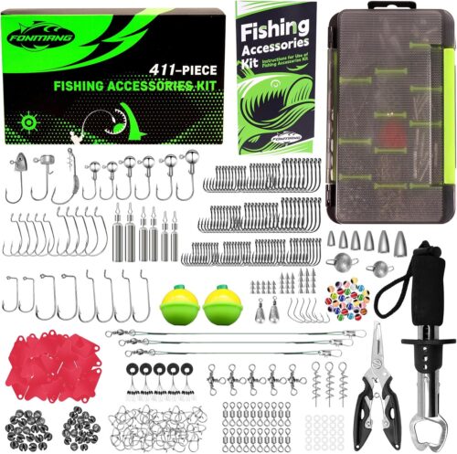 411/601-Piece Fishing Gear Accessories Kit, [2025 New] Tackle Box With Pliers, Fish Lip Grips, Hooks, Weights, Jig Heads, Swivels, 21 Pre-Made Rigs Gear for Lures