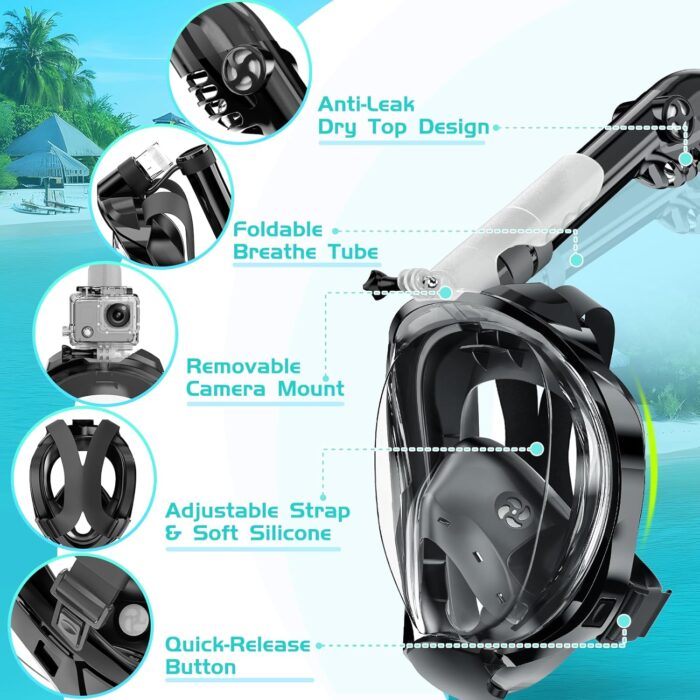 Full Face Snorkel Mask, Snorkeling Gear for Adults Men and Women, 180 Degrees Panoramic View Snorkel Set Anti-Fog Anti-Leak, Dry Top System and Travel Bag for Swimming, Snorkeling - Image 2