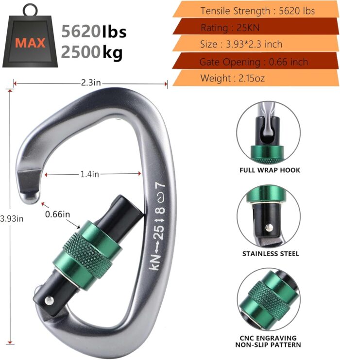Climbing Locking Carabiner Clip Rappelling - Thorn 25KN Heavy Duty Large Screwgate Carabiners Clips for Rock Climbing,Mountaineer,Hammock,Camping,Gym - Image 2