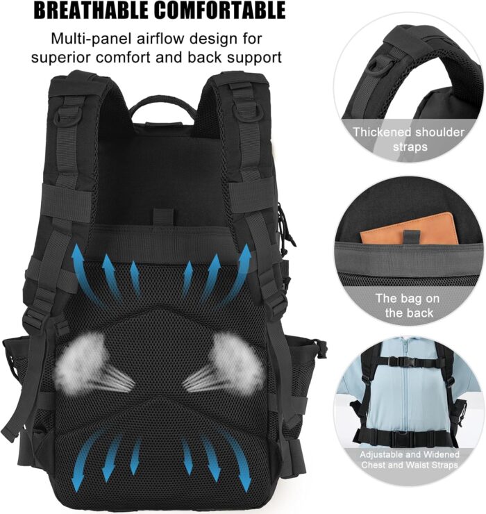 50L Military Tactical Backpack Large Day Backpack for Men Molle Army 3 Days Assault Pack Bug Out Bag Water Resistant and Heavy Duty Hiking Treeking Rucksack - Black - Image 4