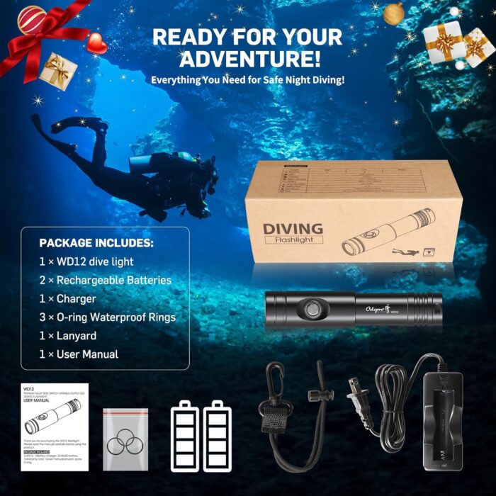 WD12 Dive Light - 980 Lumens Compact Scuba Diving Backup Light with 3 Modes, IP68 Waterproof Submersible Torch, Underwater Snorkeling Flashlight with Push Button (Black) - Image 8