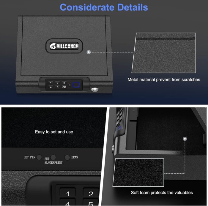 Biometric Gun Safe for Pistols 3-Ways unlock Fingerprint Digital PIN Key Unlock Handgun Safe with Sound, Lock box for Cloakroom living room Bedroom Nightstand and Car BILLCONCH - Image 4