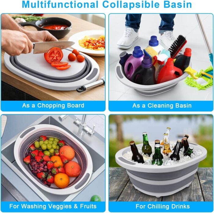 2 Pack Collapsible Wash Basin for Baby Bottles, 2 Gal Portable Sink Basin Cutting Board for RV Home Kitchen, Foldable Dish Pan Ice Beverage Tubs Cleaning Supplies for Outdoor Camping Veggies Washing - Image 3
