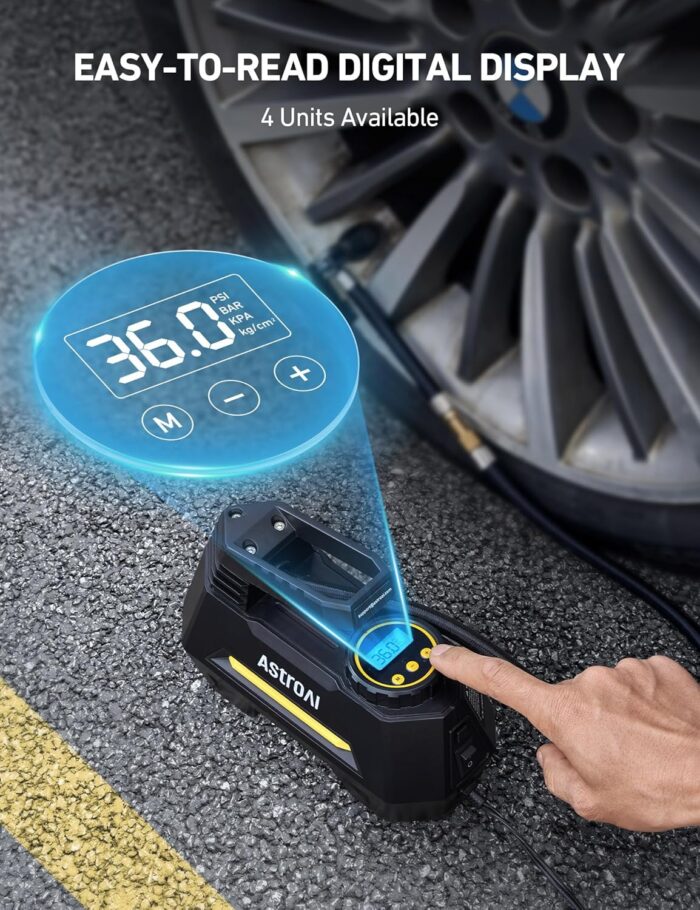 AstroAI Tire Inflator Portable Air Compressor Tire Air Pump for Car Tires - Car Accessories, 12V DC Auto Pump with Digital Pressure Gauge, Emergency LED Light for Bicycle, Balloons, Yellow - Image 5