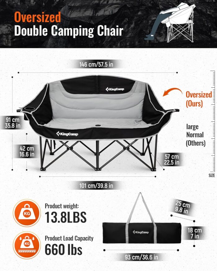 KingCamp Double Camping Chair, Oversized Heavy Duty Loveseat for Adults Portable Folding XL 2 Person Couch Padded Comfortable Two Seat with Cup Holder for Outdoor Lawn Backyard - Image 2