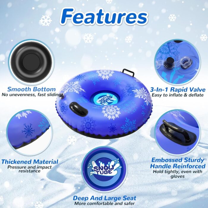 Snow Tube, 3Packs for The Whole Family Inflatable Snow Sled for Kids and Adult, Thickened Heavy Duty Hard Bottom Sleds for Snow with Handles, Winter Toys for Outdoor Sledding Snow Tube Sports - Image 2