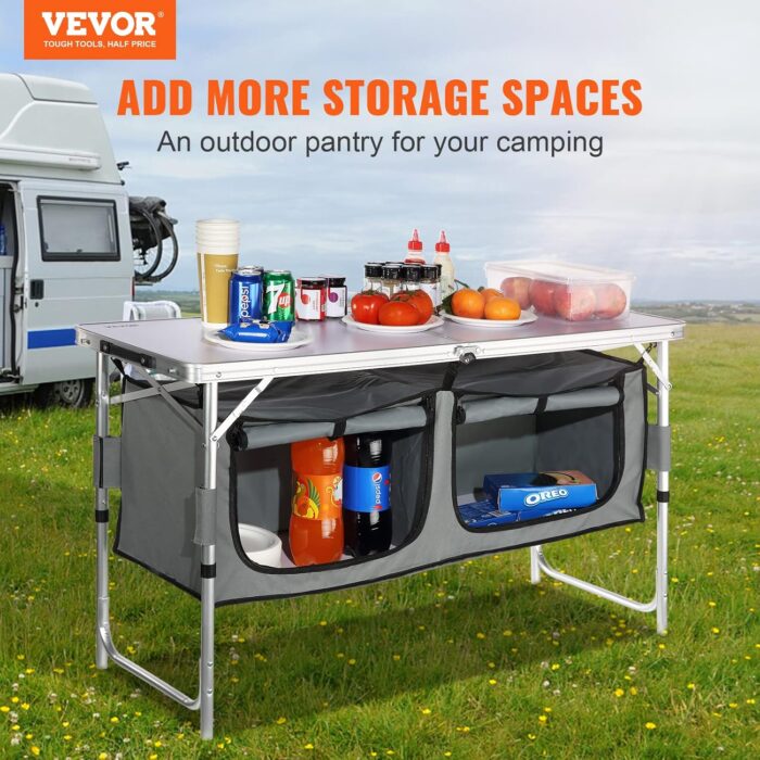 VEVOR Camping Kitchen Station, 3 Adjustable Height Folding Outdoor Camp Cooking Table with Storage Organizer, Quick Set-up for Patio BBQ Picnic Glamping Traveling - Image 4