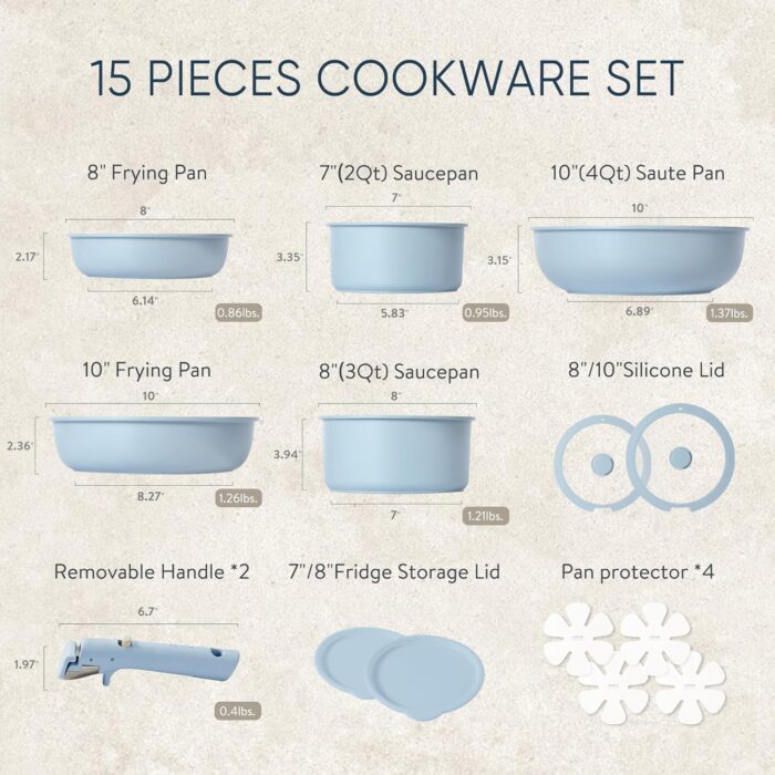 CAROTE Pots and Pans Set, Nonstick Cookware Set Detachable Handle, 15pcs Induction Kitchen Cookware Sets Non Stick with Removable Handle, RV Cookware Set, Oven Safe, Blue - Image 2