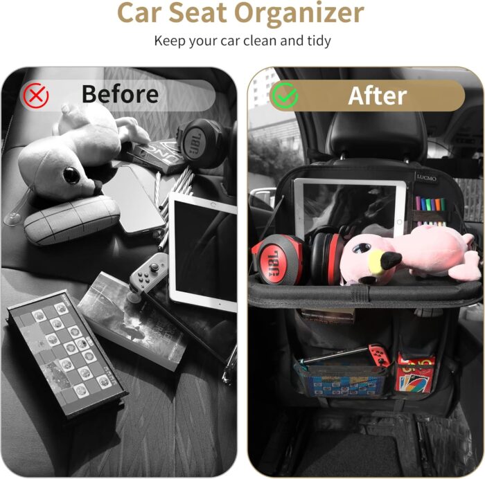 LUCMO Car Backseat Organizer with Touch Screen Tablet Holder,9 Storage Pockets Storage Organizer,Protectors Kick Mats Travel Accessories (Black, 2 Pack with Food Tray) - Image 2