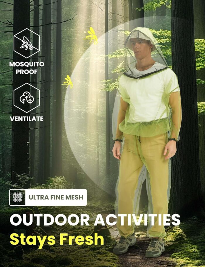 HENNCHEE Mosquito Suits for Adult, Mesh Net Bug Hooded Jacket Pant, Outdoor Full Body Protection Mosquito Proof Clothing - Image 2