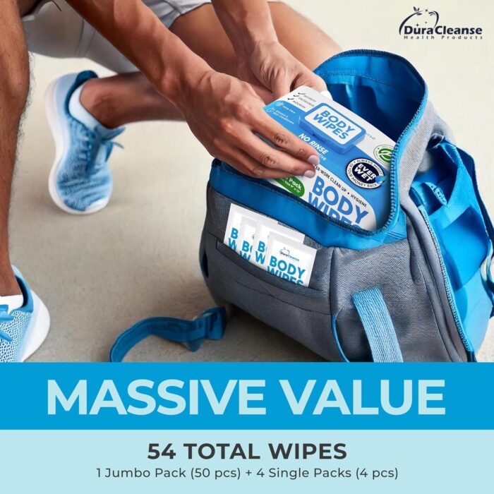 XL Body Wipes for Adults Bathing No Rinse - 50 Ct. + 4 Travel Shower Wipes - 9"x12" Thick Cleansing Bath Wash Sheets for Elderly Incontinence, Men & Women - Camping Essentials Disposable Washcloths - Image 2