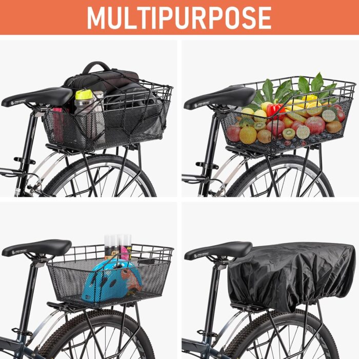 Rear Bike Basket - Large Bicycle Rear Basket with Cargo Net and Waterproof Cover, Wire Bike Baskets Rear Large Capacity (NO Bike Rack Include) - Image 4