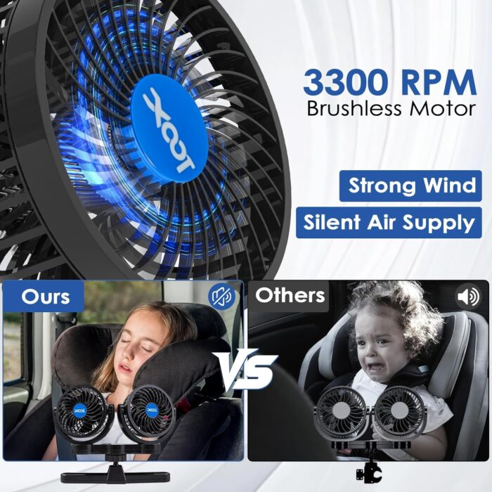 XOOL Electric Car Fans for Rear Seat Passenger Portable Fans Headrest 360 Degree Rotatable Backseat Car Fan 12V Cooling Air Fan with Stepless Speed Regulation for Vehicles, SUV, RV - Image 5