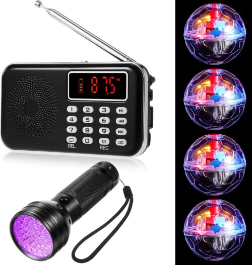 Dunzy 6 Pcs Ghost Hunting Equipment Kit Includes 1 FM Radio, 4 Light up Cat Balls (Include Battery), 1 Black UV Flashlight for Paranormal Research