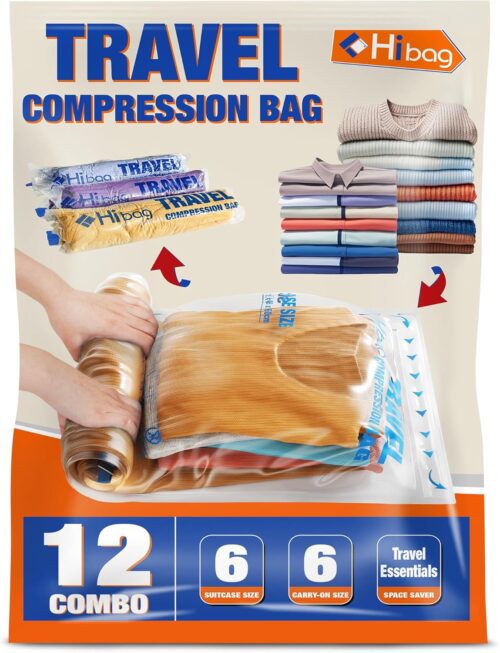 12 Compression Bags for Travel Essentials, Vacuum Packing Space Saver Bags for Cruise Accessories (12-Travel)