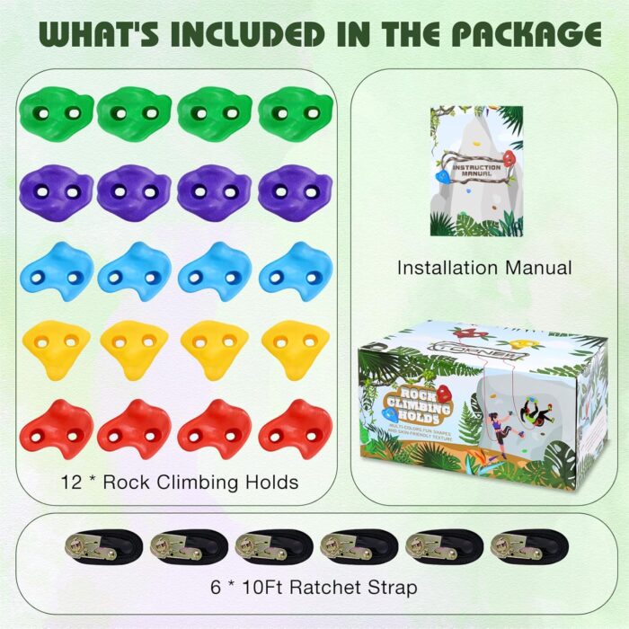 TOPNEW 20 Ninja Tree Climbing Holds for Kids Climber, Adult Climbing Rocks with 6 Ratchet Straps for Outdoor Ninja Warrior Obstacle Course Training - Image 2