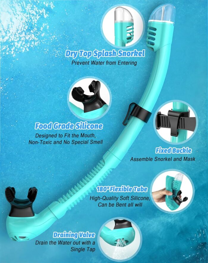 Snorkeling Gear for Adults, Snorkel Mask Set 180° Panoramic View Snorkel Gear, 100% Food-Grade Silicone Anti-Fog Anti-Leak Dry Top Diving Mask for Snorkeling Swimming Scuba Diving - Image 5