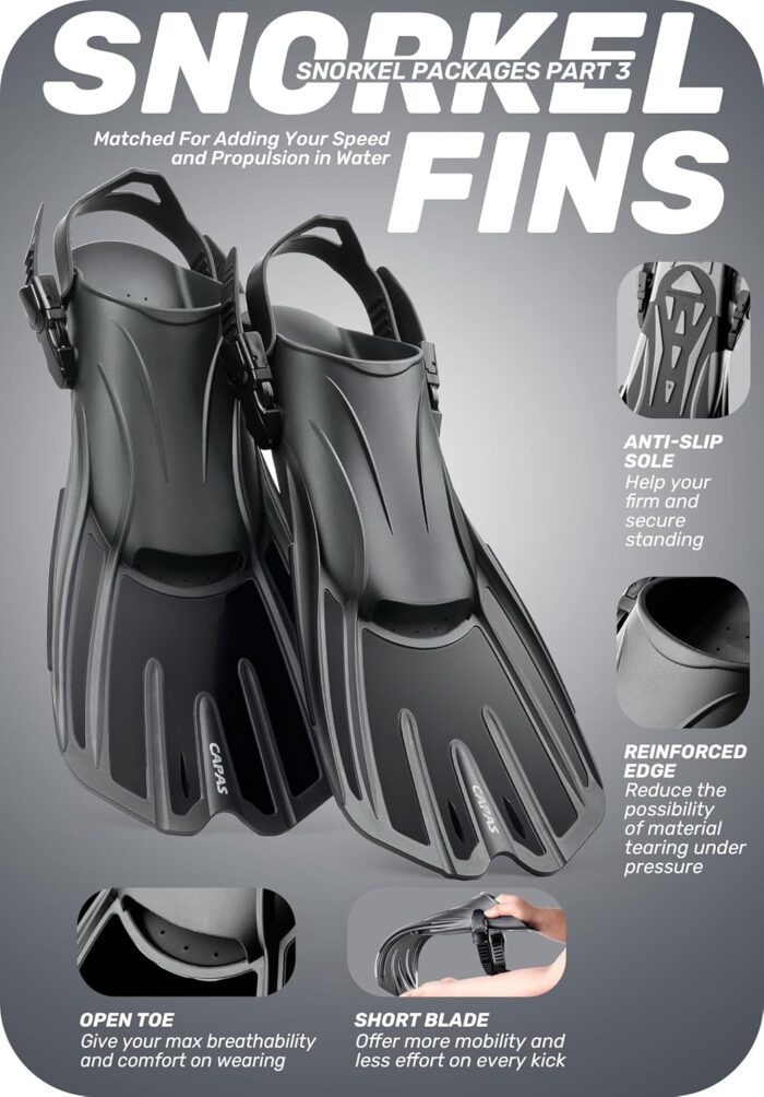 CAPAS Snorkel Mask Fins Set, Travel Size Snorkeling Gear for Adults with Adjustable Fins, Diving Mask and Dry Top Snorkel, Come with a Carrying Bag - Image 5