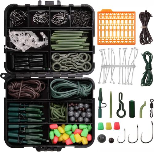 Carp Fishing Tackle Kit – 225pcs Carp Fishing Equipment Tackle Box with Boilies, Hooks, Swivels, Tube Sleeves, Clips and Beads Various Accessories