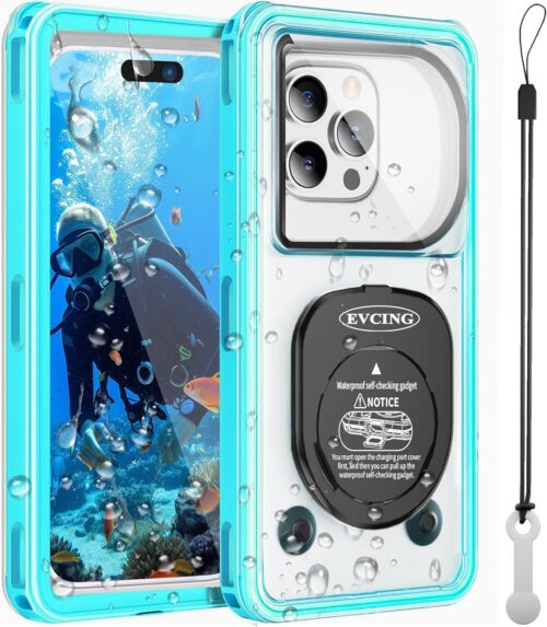 Waterproof Phone Case, Underwater Phone Cases for Snorkeling, IPX8 Diving Case, 360 Full Body Protection for iPhone 16 Pro Max/15/14/Galaxy S24, Up to 6.9 Inch, Beach Cruise Essentials (Cyan)