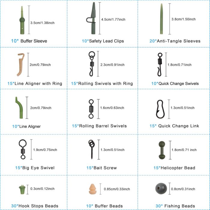 230pcs Carp Fishing Tackle Box Kit Carp Fishing Rigs Making Accessories Carp Swivel Snaps Helicopter Rigs Safety Lead Clips Rubber Sleeves Carp Fishing Terminal Tackle - Image 2
