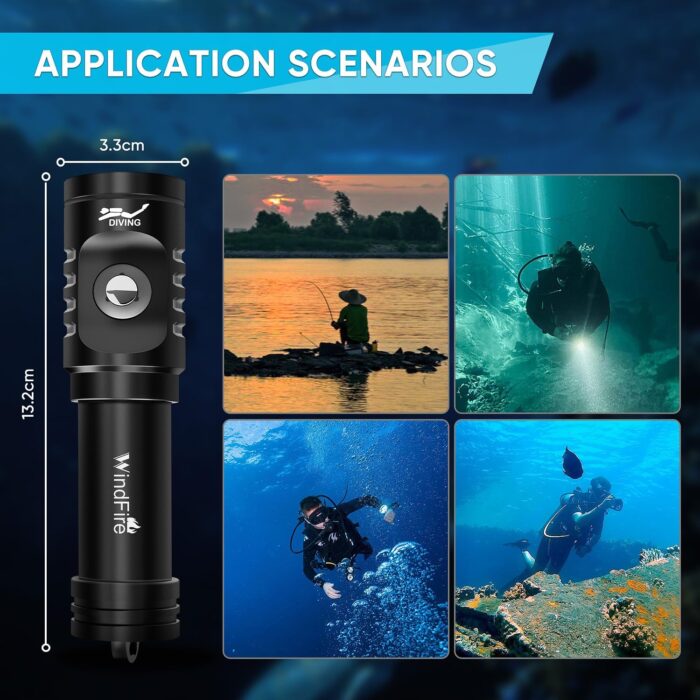 WINDFIRE Dive Light Scuba Diving Flashlight Dive Torch Rechargeable, 3 Modes Underwater Light Waterproof Flashlight, Safety Dive Lights with Power Indicator for Night Diving - Image 8