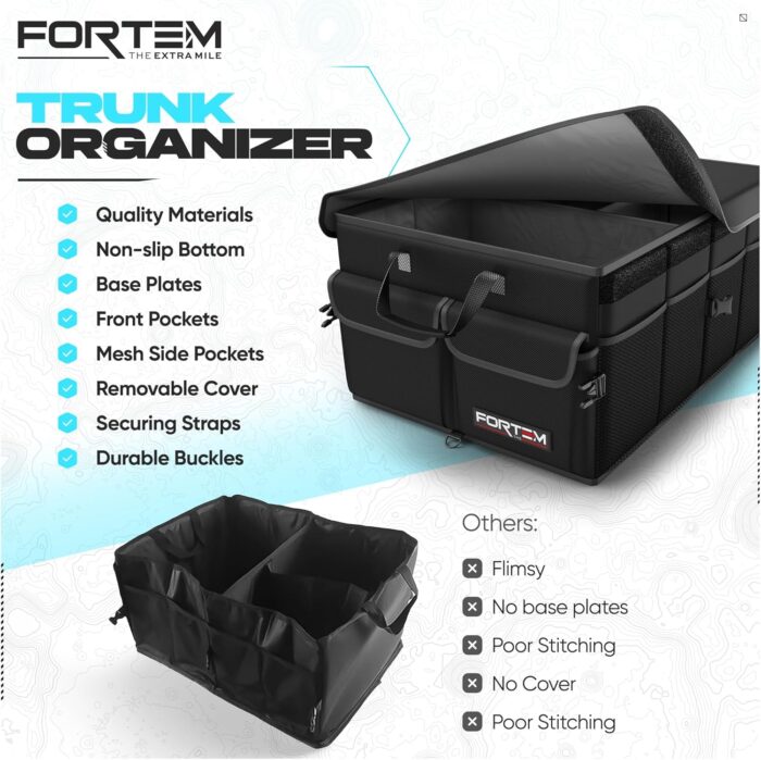 FORTEM Car Trunk Organizer, Collapsible Multi Compartment SUV Organizer, Foldable Storage for Car Accessories for Women Men, 600D Oxford, Non Slip Bottom, Securing Straps, Soft Cover (50L) - Image 7