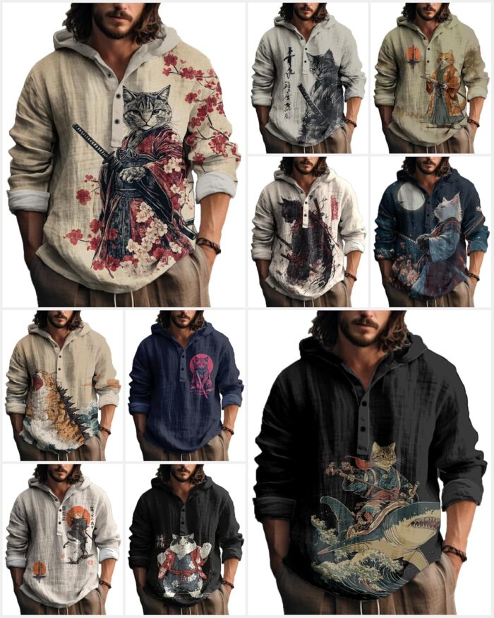 MARSVOVO Mens Japanese Art Long Sleeve Hooded Shirts Lightweight Quarter Button Hoodie Casual Cool Tops for Spring Fall - Image 4