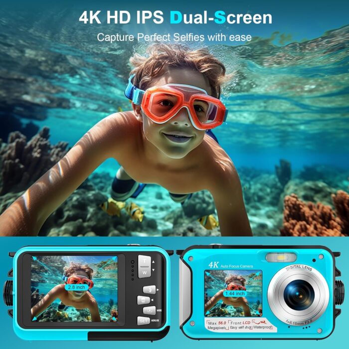 4K Underwater Camera 56MP Autofocus 11FT Waterproof Camera Dual-Screen Selfie 16X Underwater Camera for Snorkeling Waterproof Compact Floatable Digital Camera with 32GB Card - Image 3