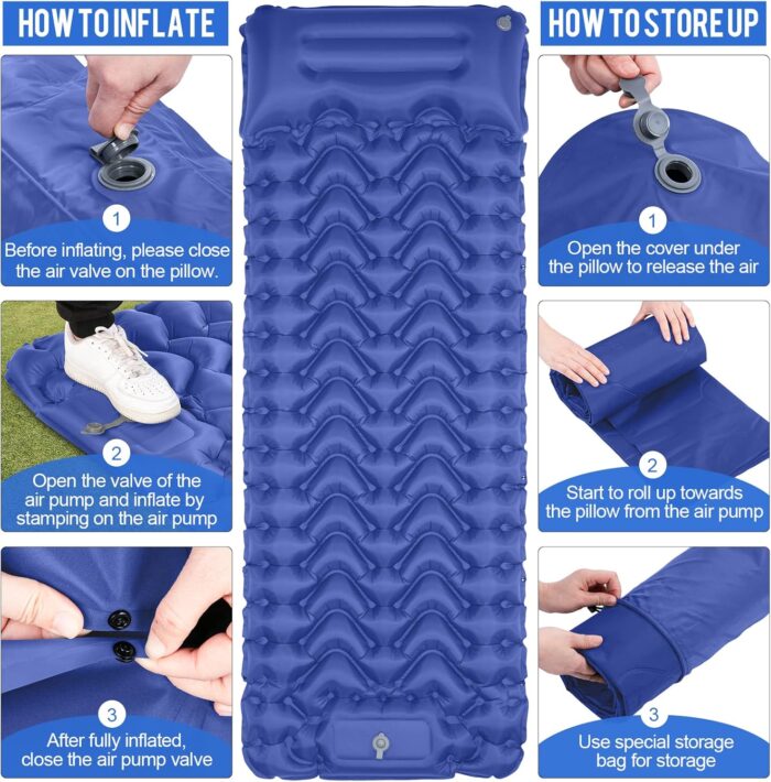 Sleeping Pad, Ultralight Inflatable Sleeping Pad for Camping, Built-in Pump, Ultimate for Camping, Hiking, Airpad, Carry Bag, Repair Kit, Compact & Lightweight Air Mattress(Blue) - Image 4