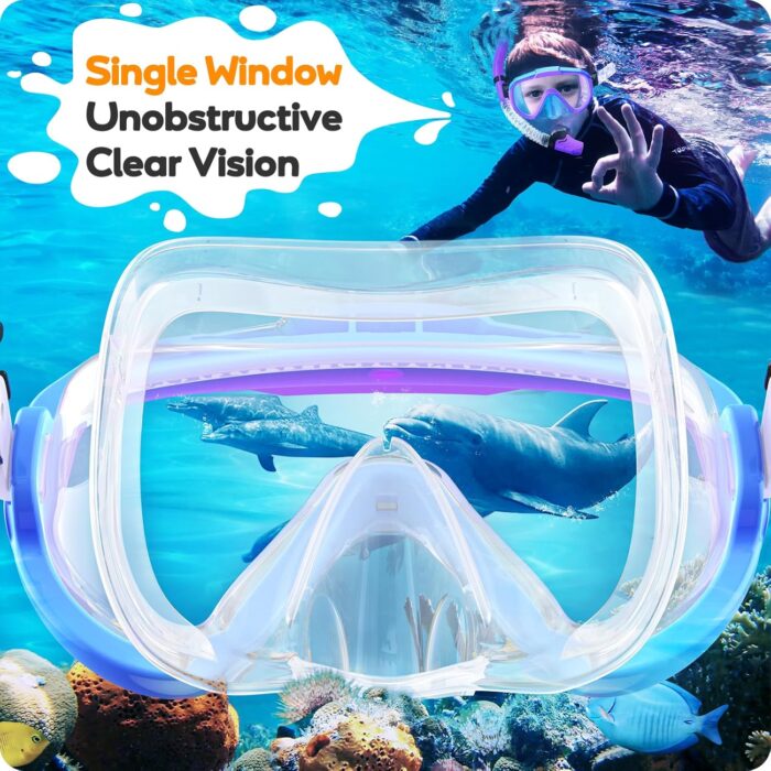 Kids Snorkel Set, Anti-Fog Panoramic Tempered Glass Kids Snorkel mask, Anti-Leak Scuba Diving Mask with Mesh Bag, Dry Top Snorkeling Gear for Kids and Youth Age 4-16 - Image 3