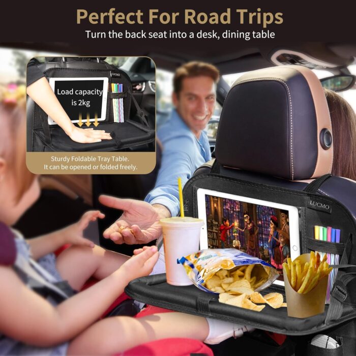 LUCMO Car Backseat Organizer with Touch Screen Tablet Holder,9 Storage Pockets Storage Organizer,Protectors Kick Mats Travel Accessories (Black, 2 Pack with Food Tray) - Image 6