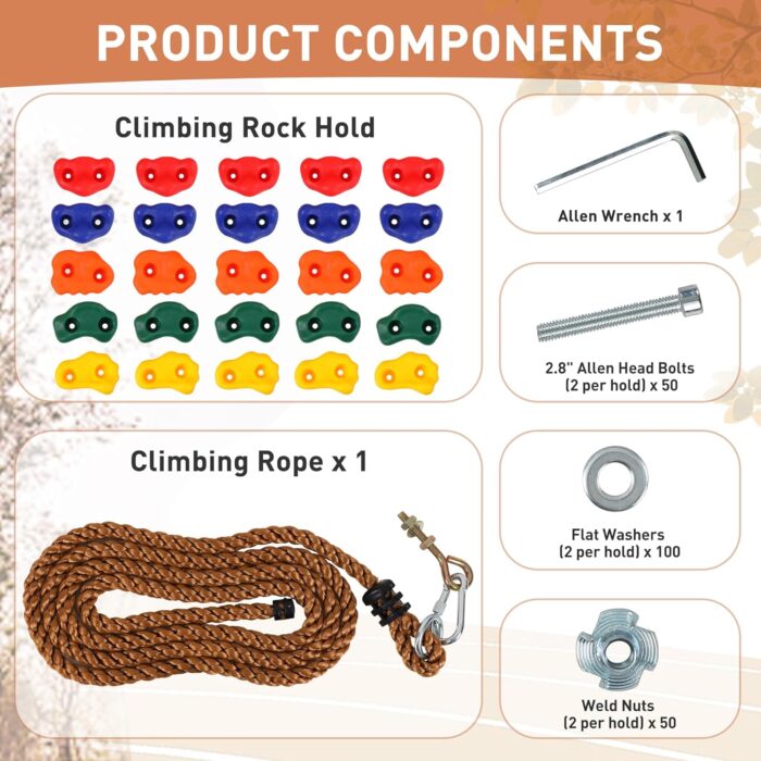 FRUITEAM 25 Rock Climbing Wall Holds for Kids Adults,Indoor and Outdoor Playground Rock Wall Climbing Kit,Knotted Climbing Rope,Colourful Climbing Rock Wall Grips for Kids - Image 4