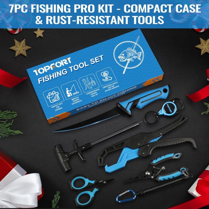 TOPFORT Fishing Gear Tool Kit - 7PC Saltwater Fishing Pliers Accessories Set - Fishing Equipment with Fish Knife Scissors Hook Remover Tools Line Cutter and Fish Lip Gripper - Fishing Gifts for Men - Image 2