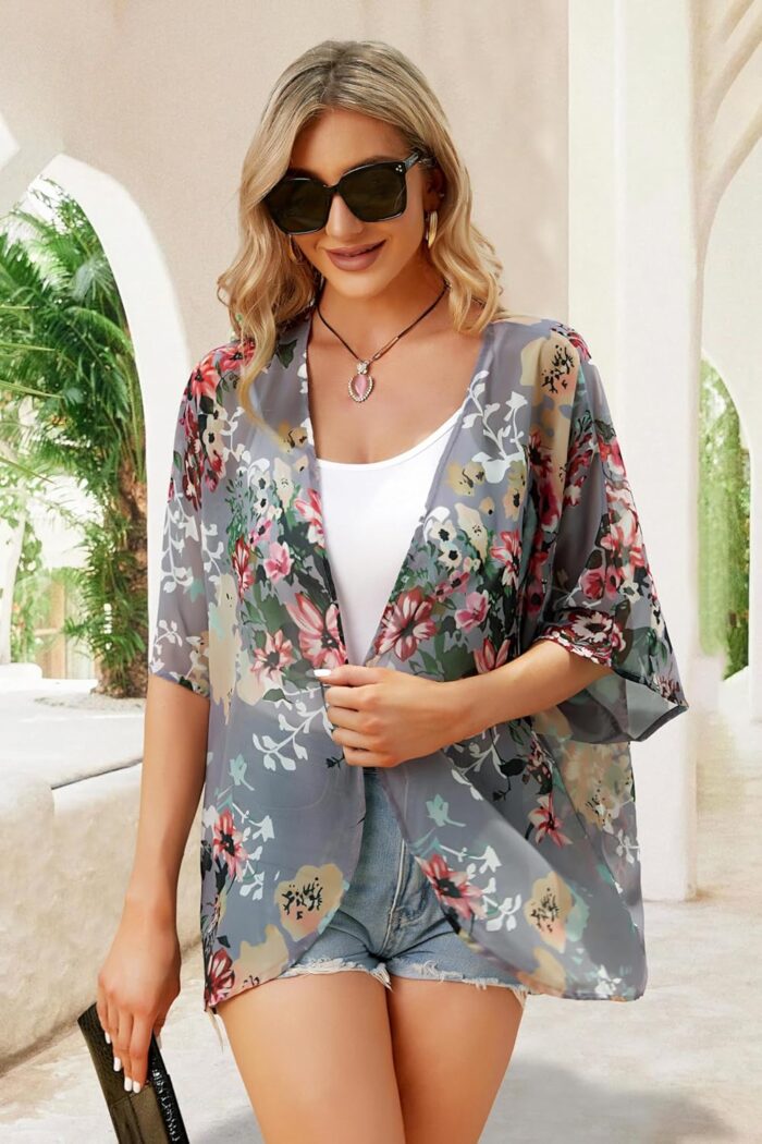 Women's Floral Print Puff Sleeve Kimono Cardigan Loose Cover Up Casual Blouse Tops - Image 8